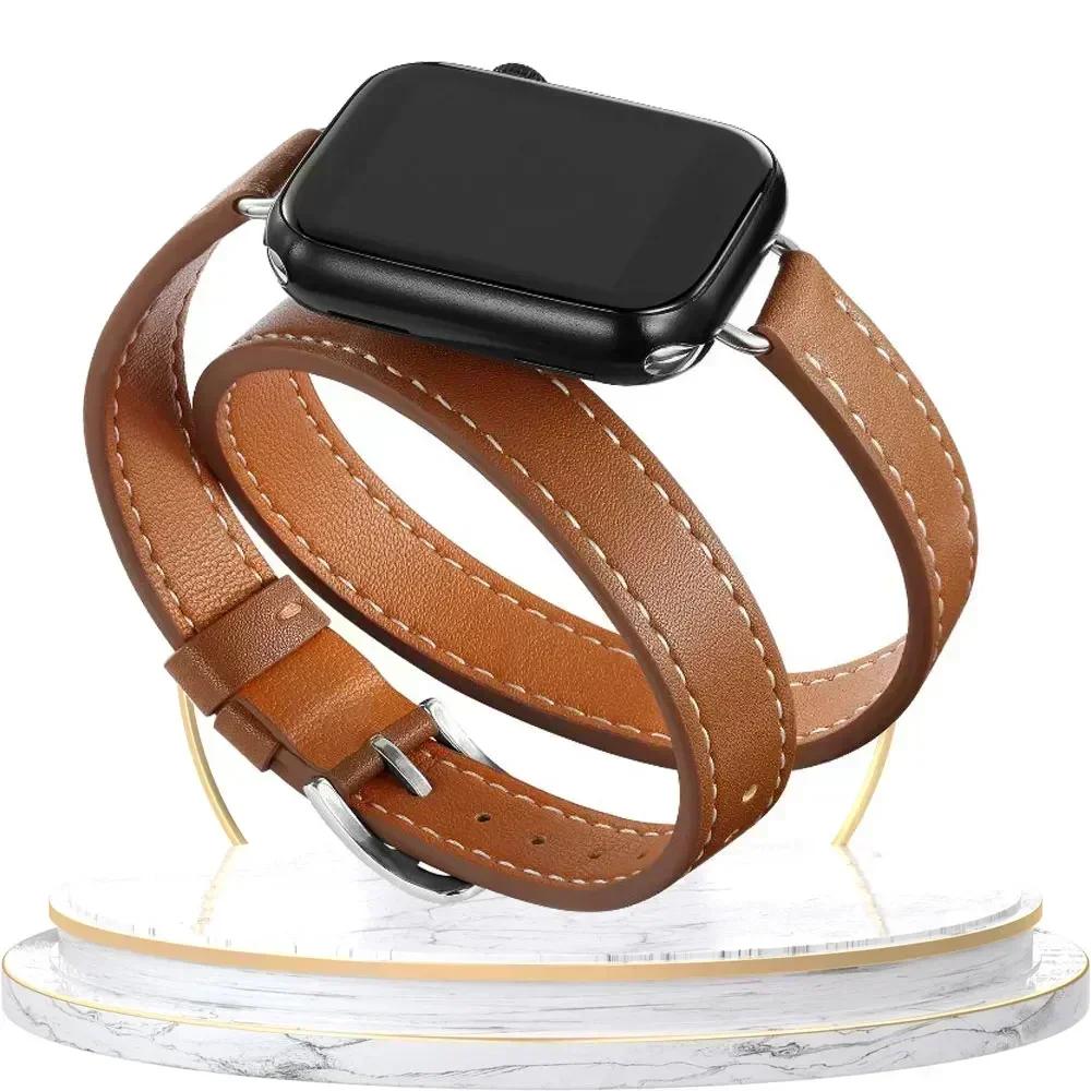 

Кожаный Ремешок Для Apple iWatch Серии 10 9 8 7 6 5 4 3 SE Ultra 2 Ремешок 38/40/41/42/44/45/46/49мм Браслет с Двойной Петлей 38 40 41 mm коричневый