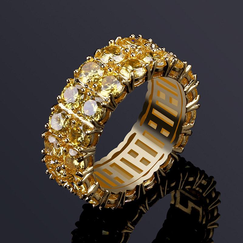 18K Gold Double Row Zircon Hip-Hop Ring - Trendy European & American Style, Full Diamond Men's Jewelry