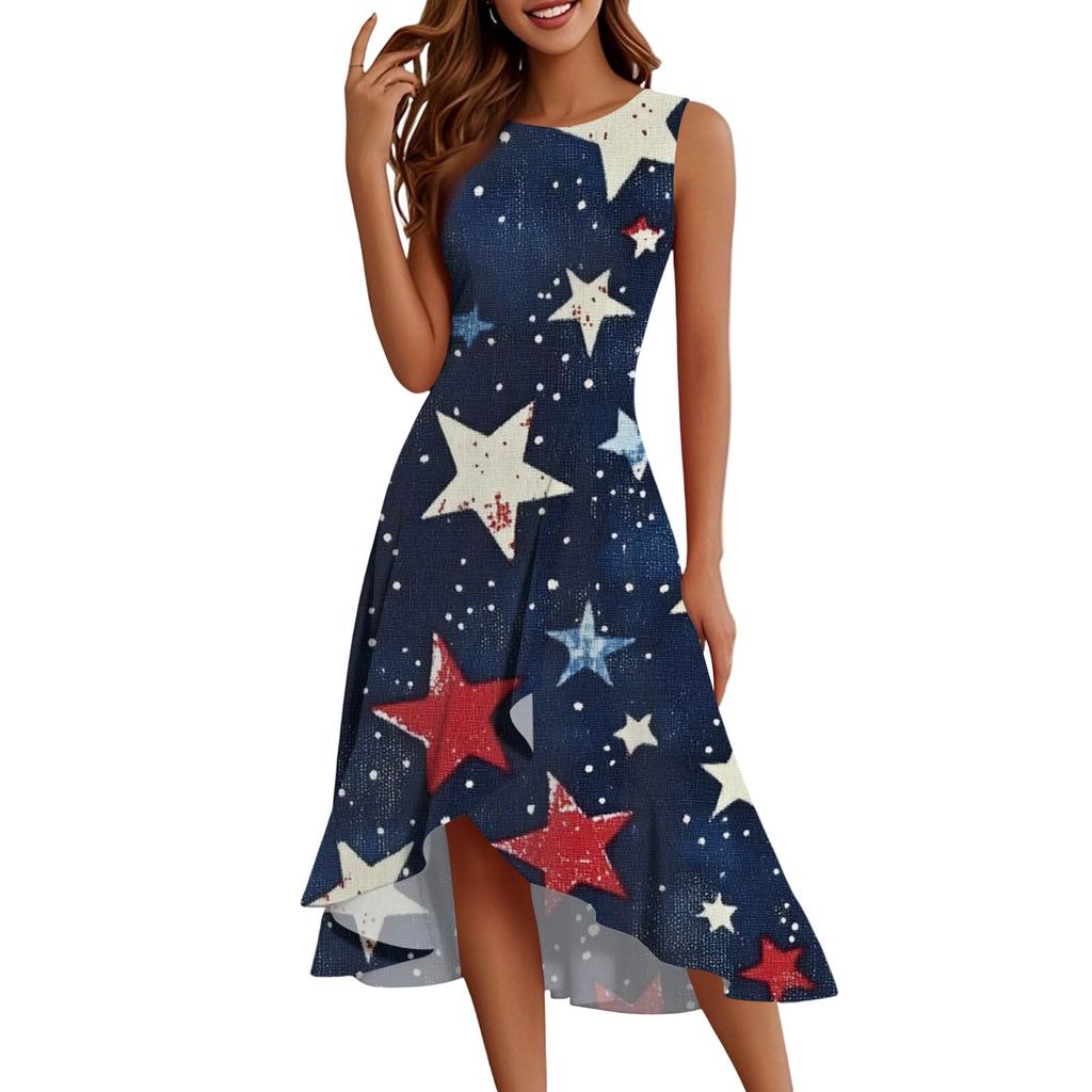 Women's Fashion Casual Zip Sleeveless Round Neck Independence Day Printed Elegant Temperament Ruffles Dress Dresses
