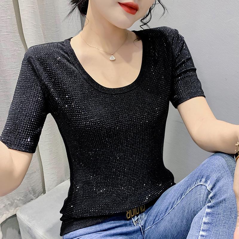 Women S-3XL Size Round Neck Rhinestone Shiny Base Shirt Temperament Fashion Short Sleeved Slim Pullovers Top