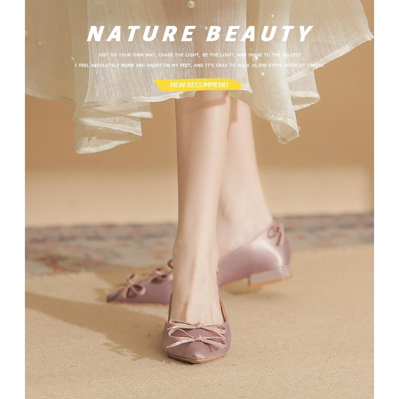 29815 [sheepskin] Flat Shoes Women's Thick Heel 2025 New Pointed Bow Low Heel Ballet Style Shoes