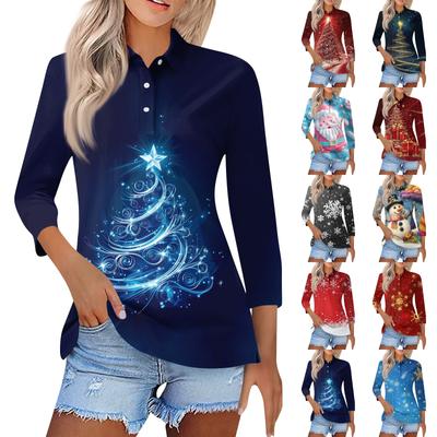 Camisa informal de moda para mujer con solapa y manga 3/4 estampada, blusas con botones para mujer