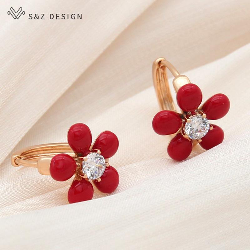 Fashion Champagne Gold Color Red Flower Enamel Oil Drop Earrings For Women Girl Party Cubic Zirconia Eardrop Jewelry