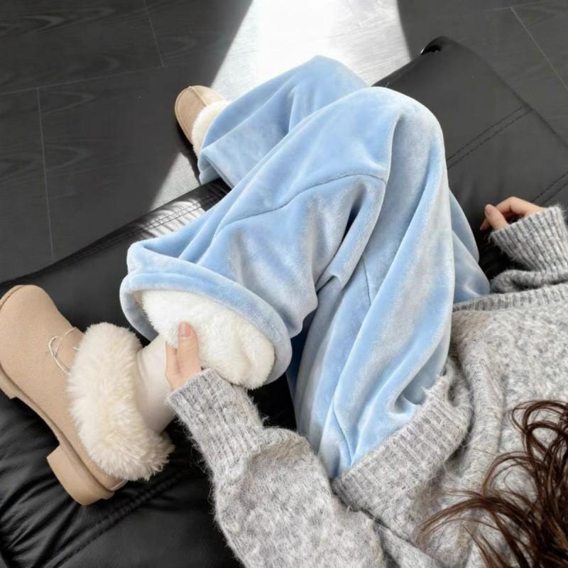 Womens High Waist Fleece Lined Wide Leg Pants Lazy Style Casual Trousers