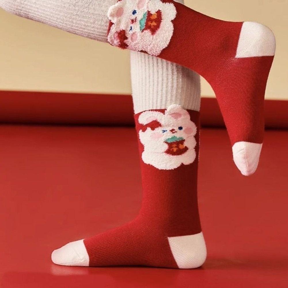 Cotton Christmas Socks Cartoon Bunny Rabbit Middle Tube Socks Kids Hosiery  Zodiac Year Celebration
