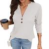Damen Unifarben V-Ausschnitt Knopf Waffelstrick Langarm Locker T-Shirt