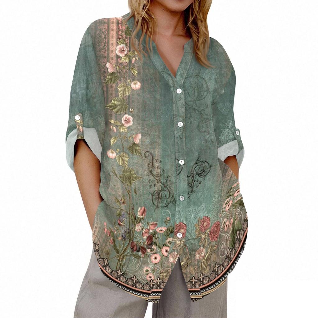 Damen V-Ausschnitt 3/4 Ärmel Bedruckter Cardigan