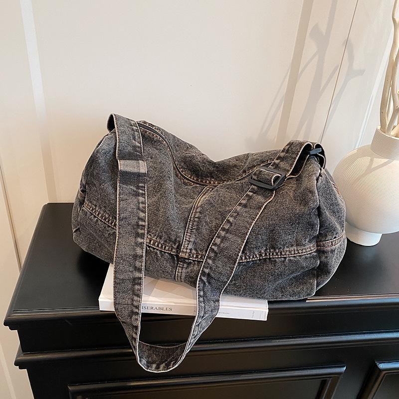 

Ретро старая ленивая сумка-тоут из выстиранного денима, повседневная наплечная сумка, модная крутая сумка-мессенджер темно-серого