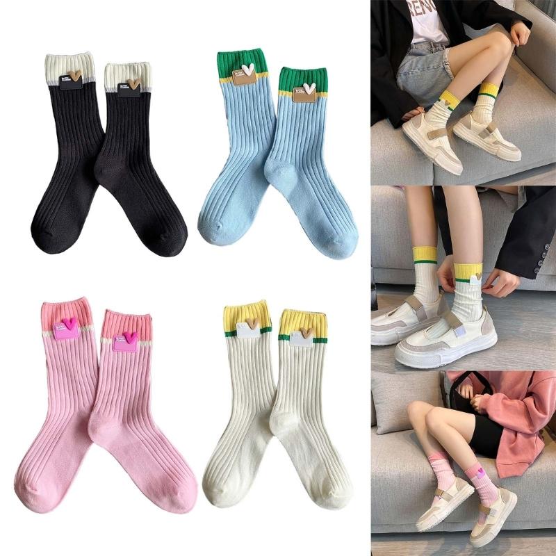 Japanese Style Women Y2K Girl Cotton Crew Socks Harajuku Sweet Love Label Colorblock Ribbed Knit Middle Tube Calf Socks
