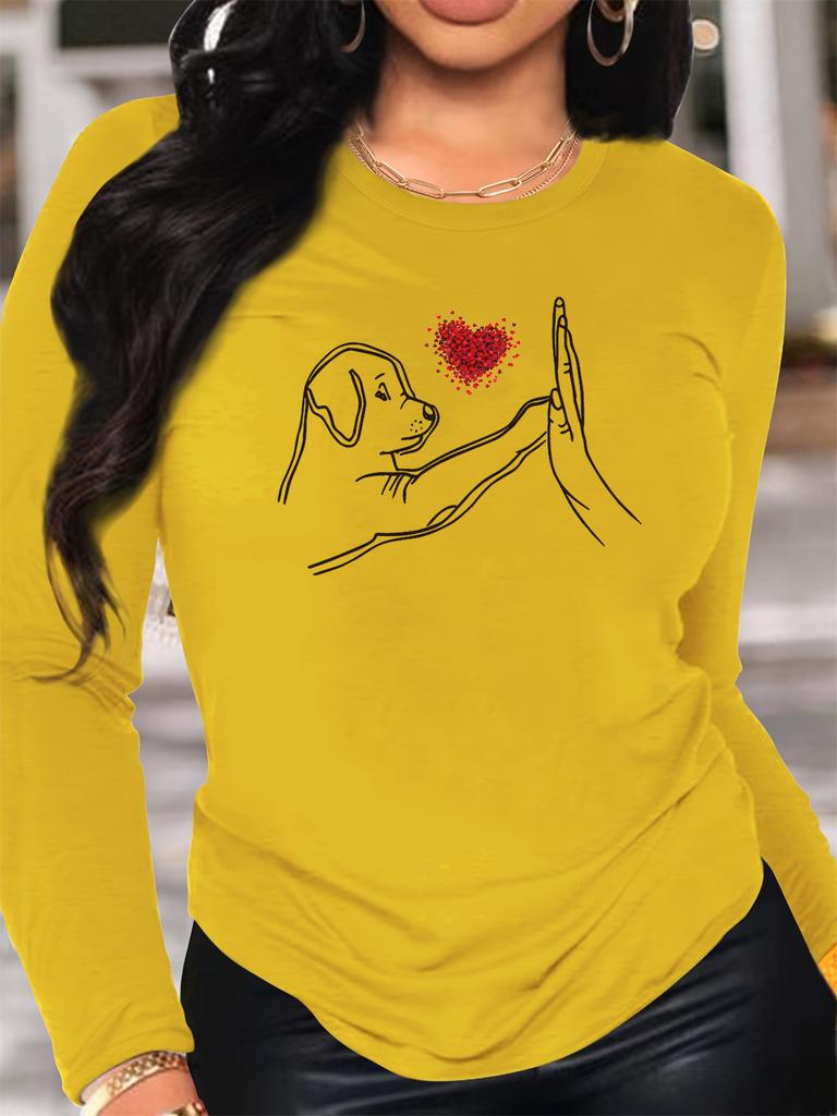 100% Pure Polyester Women's Spring and Autumn Casual and Dog High Five Love Pattern Printed Long Sleeved Round Neck T-shirt