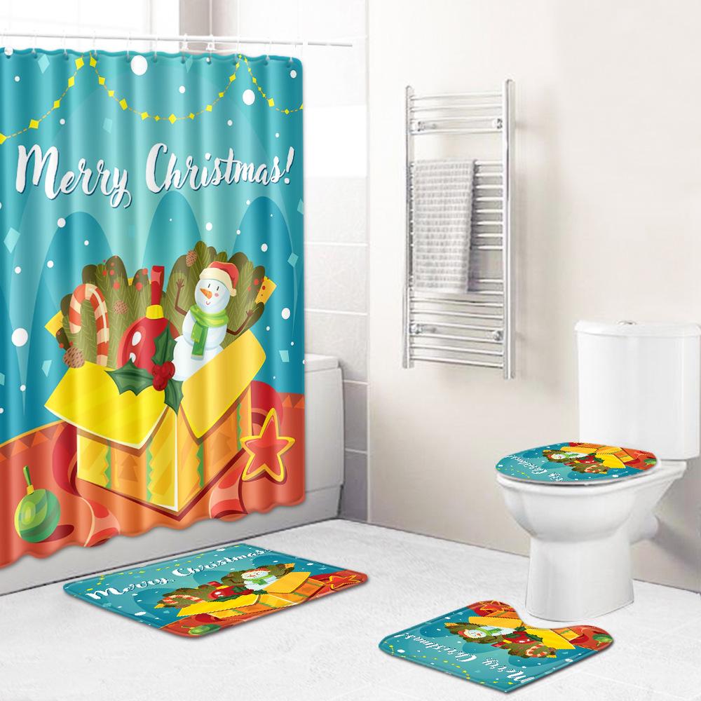 Christmas Shower Curtain Floor Mat Combination Four-Piece Set Bathroom Toilet Carpet Shower Room Mat Foot Mat