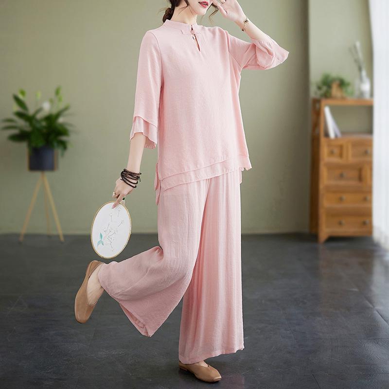 Women's Summer 2023 Stand Collar Yoga Set: Solid Color Three-Quarter Sleeve Top & Pants Tea Set