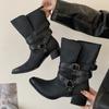 Fashion Sexy Pointed Toe Cowboy Ankle Boots Women Square Heels Goth Short Booties Autumn Winter Street Style Buckle Strap Botas Mujer