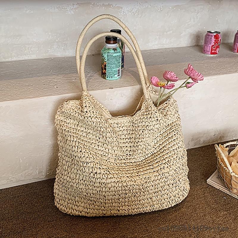 Fashion Women's Straw Tote Bag Large Capacity Woven Beach Bag Square Solid Color Casual Shoulder Bag Beach Bag Summer Daily Bag