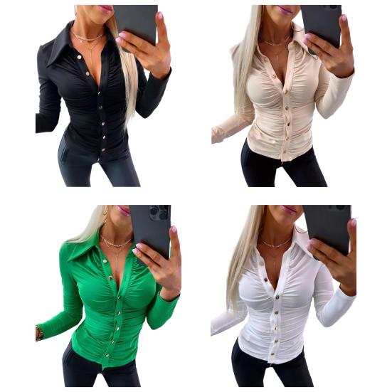 Elegant Women Solid Color Shirt Lapel Long Sleeve Office Tops Pleated Single-breasted Blouse Workwear