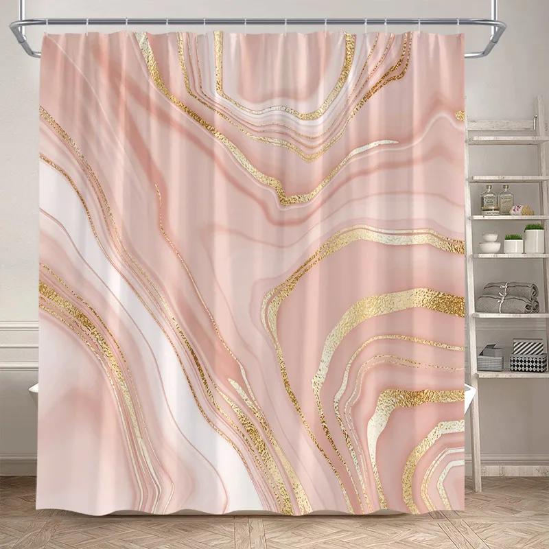 Abstract Marble Shower Curtains Black Green Textured Gold Crackle Modern Geometric Pattern Bathroom Curtain Decor Set with Hooks