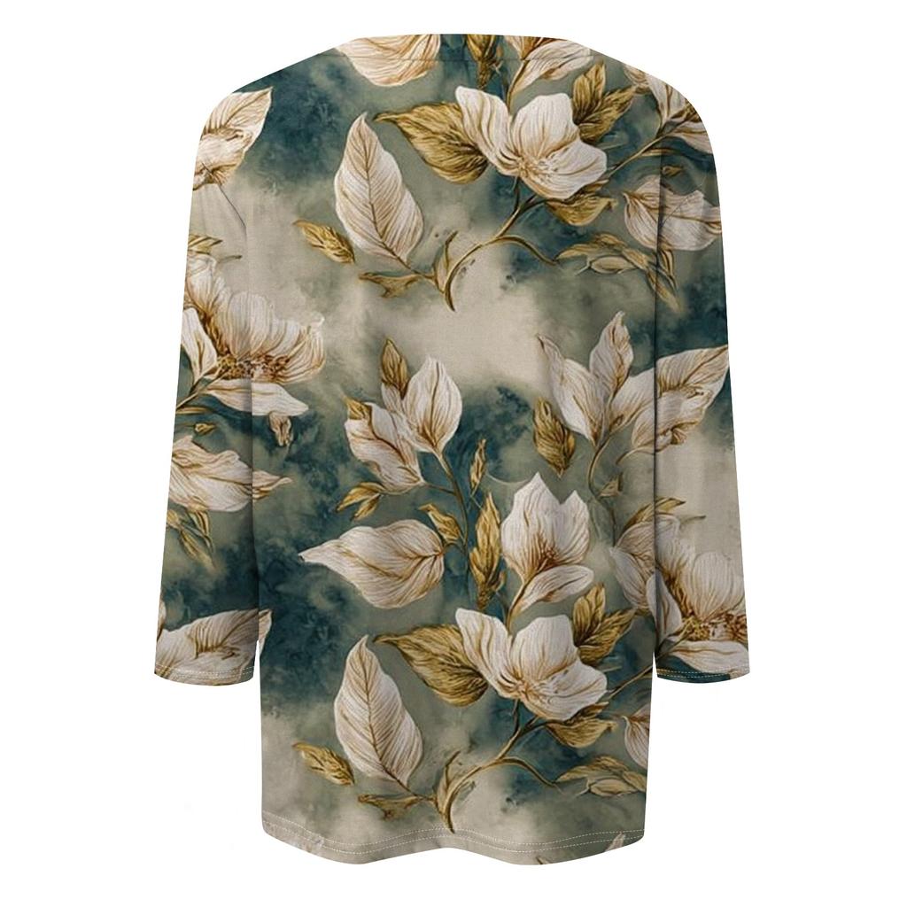 Women's Fashion Casual Round Neck Three Quarter Sleeve Printed T-Shirt Top