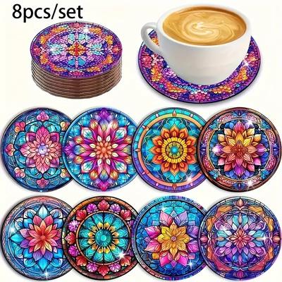 8 peças/conjunto de porta-copos com padrão de mandala pintados com diamantes e suportes porta-copos faça você mesmo para iniciantes e adultos, materiais de arte e artesanato presentes