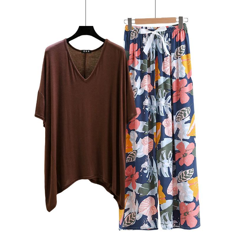 irregular Tshirt and floral wide leg pants summer women's casual pajamas sets Short sleeve homewear suit Loose lightweight Loungwear Plus size
