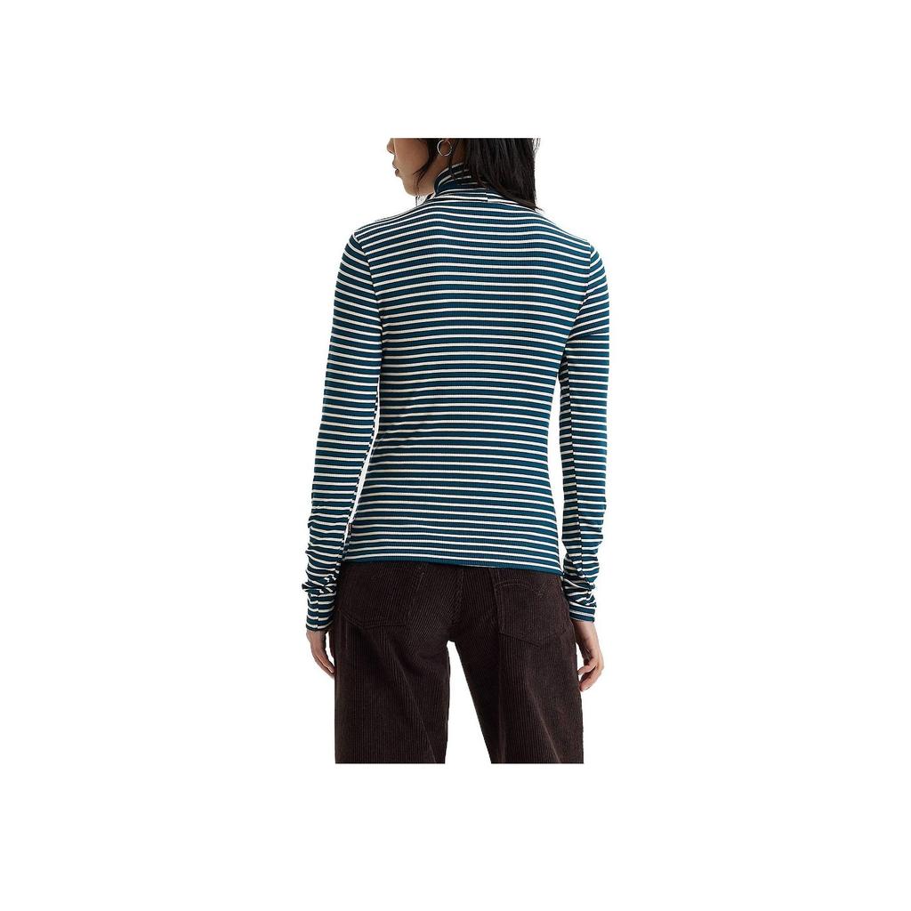 Levis High Collar Long Sleeve Striped Sweater Women Tops Blue Green A6888-0004