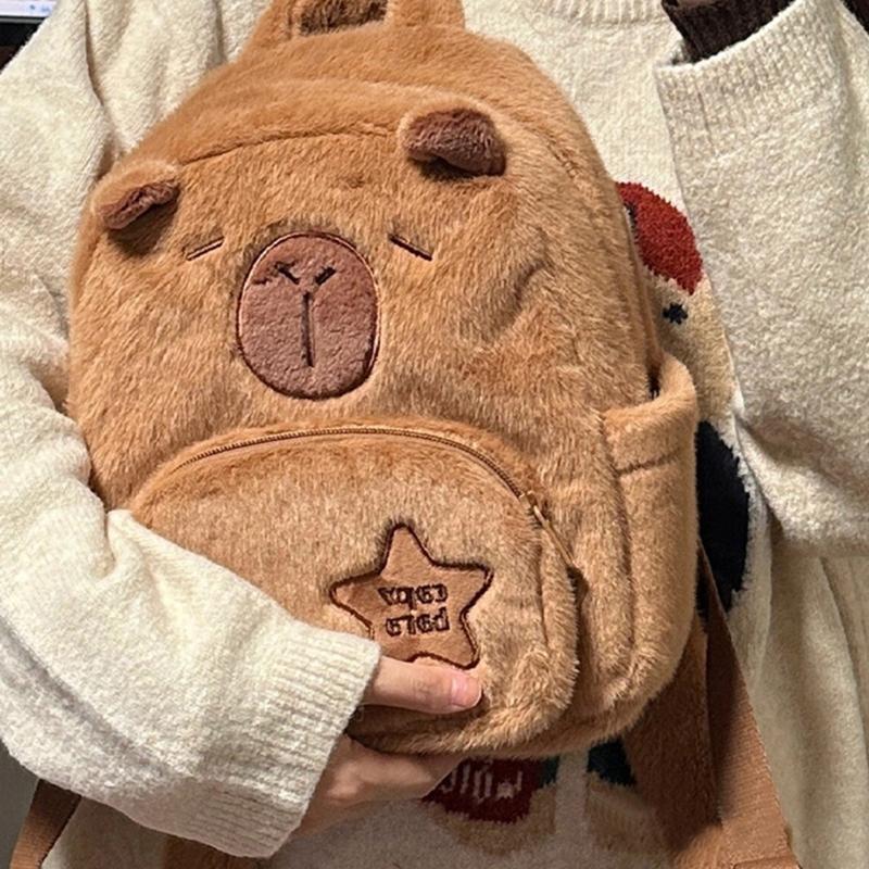 Cartoon Plush Capybara Animal Backpack for Teens Multiple Pockets Student School Bag Zippered Crossbody Shoulder Bag