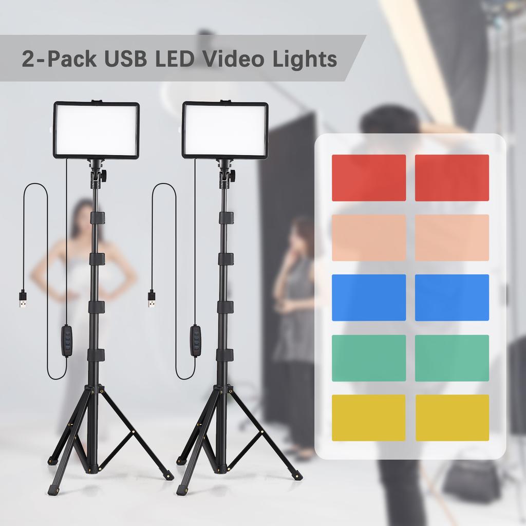 2 Pack USB LED Video Lights Kit Bi Color Temperature Fill Lights 10 Level Brightness with Light Stands Color Filters