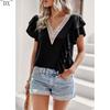 DX~~Short Sleeved Shirt Women's Summer Style Commuting V-neck Ruffle Top