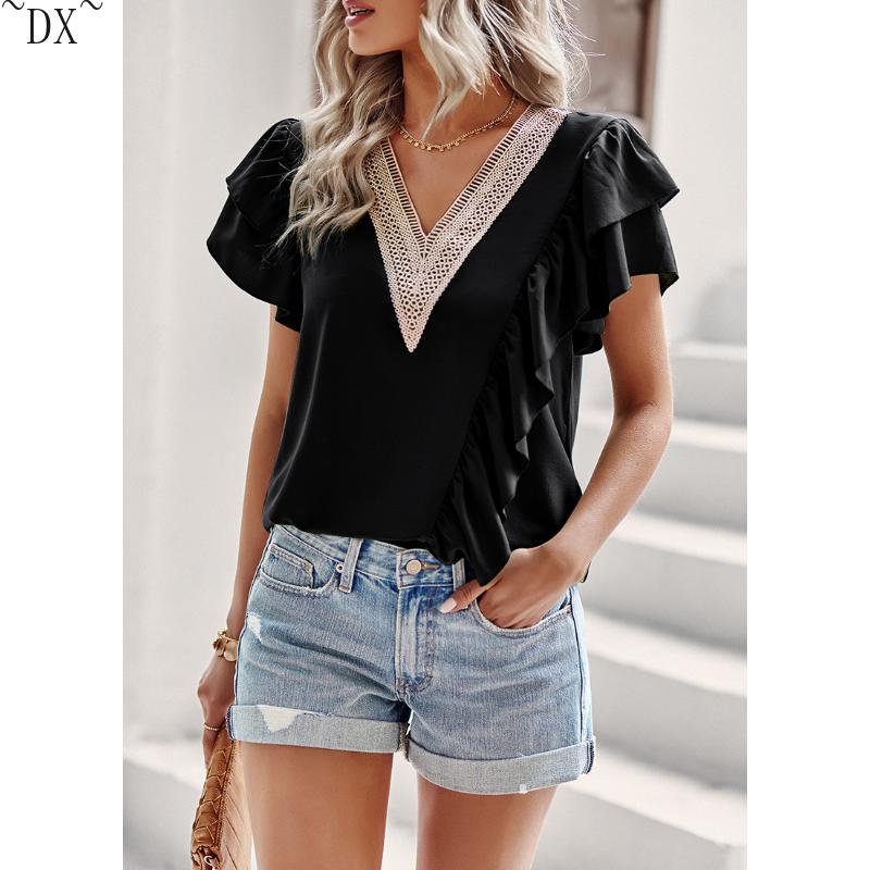 DX~~Short Sleeved Shirt Women's Summer Style Commuting V-neck Ruffle Top