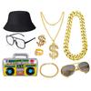80s 90s Costume Outfit Set Hip-Hop Punk Big Gold Chain Dollar Ring Rock Star Glasses Bracelet Hip Hop Cosplay Dress Costumes Kit