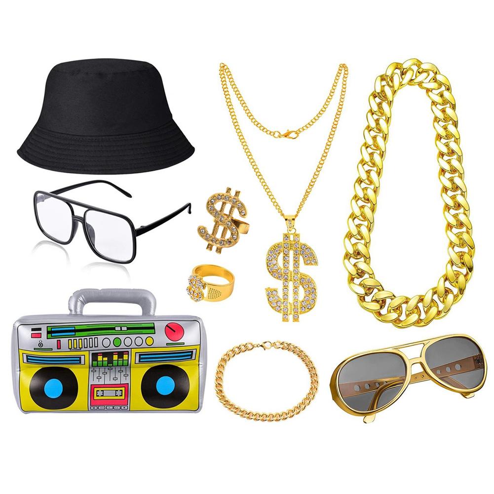 80s 90s Costume Outfit Set Hip-Hop Punk Big Gold Chain Dollar Ring Rock Star Glasses Bracelet Hip Hop Cosplay Dress Costumes Kit