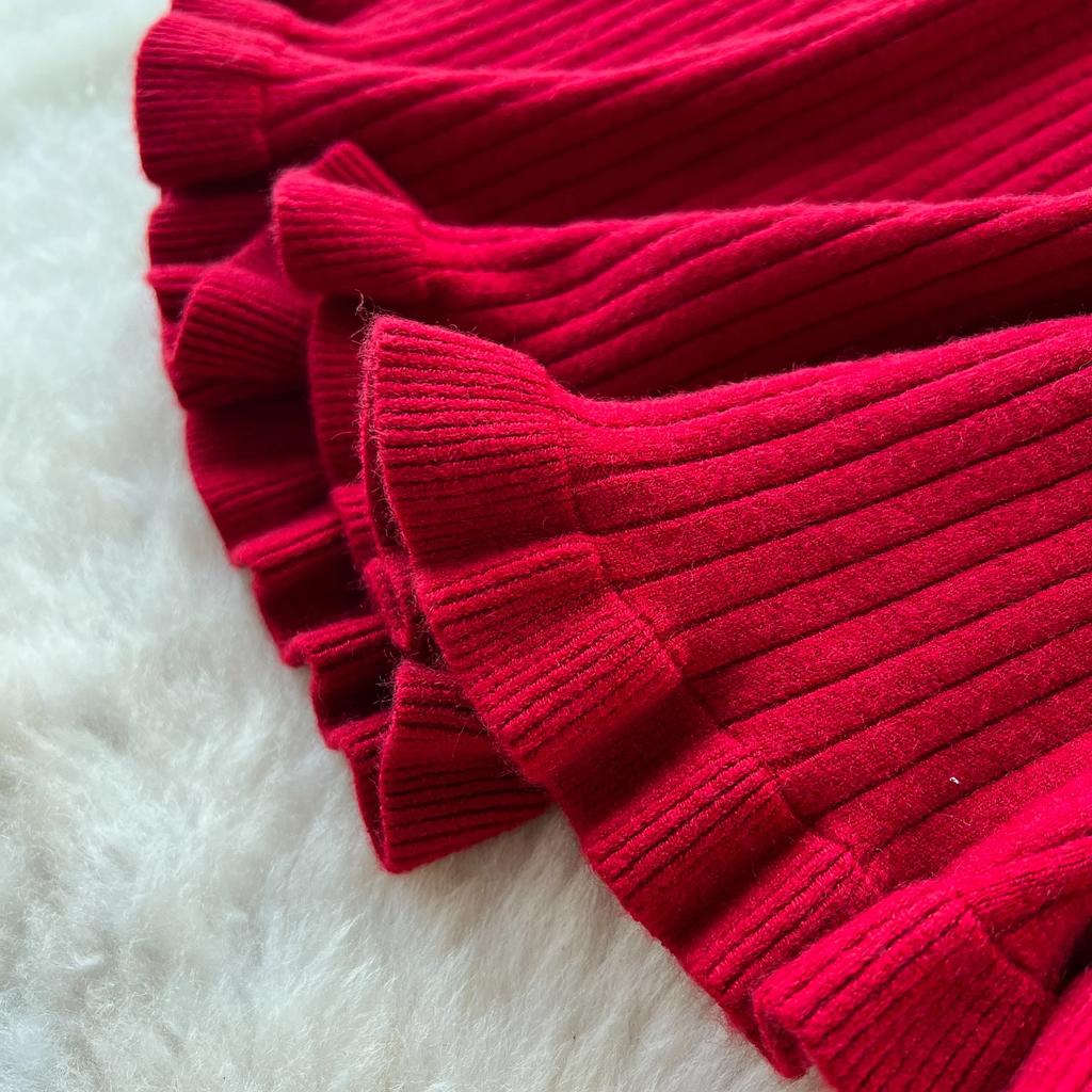 French Sweet  Elega O Neck Solid Knit Long Sleeve Ruffle Dress Women Basics Fashion Summer Spring Dress