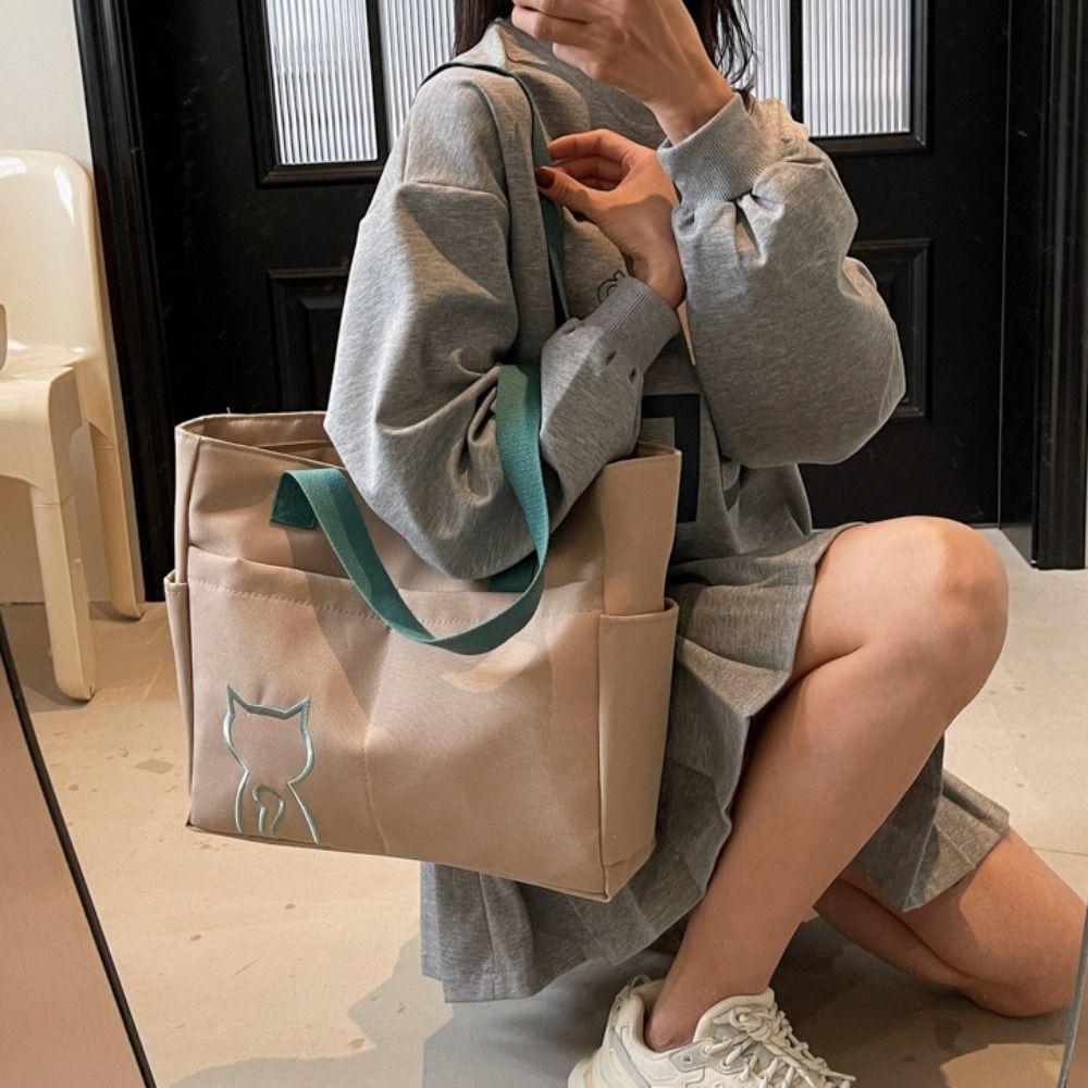 Embroidery Cat Lightweight Eco Bag Casual Nylon Shoulder Bag Nylon Tote Bag  Student