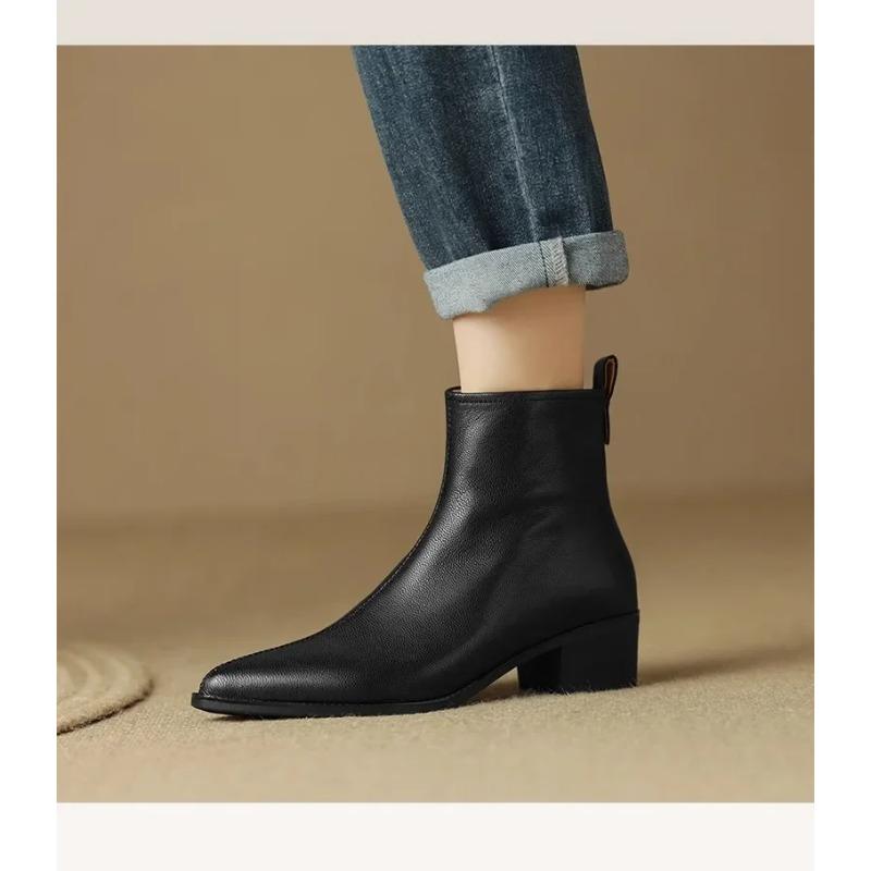 Botas Femininas de Couro Preto Cano Curto Zíper Lateral Decoradas Baixas Chelsea Botas Mulher Vintage Marrom Outono Cavaleiro Botinhas Mulheres