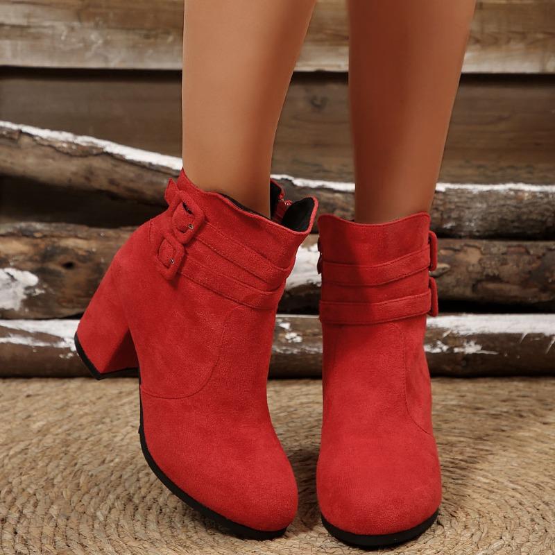 Belt Buckle High-heeled Fashion Boots 2025 Winter New Suede Block-heeled Booties