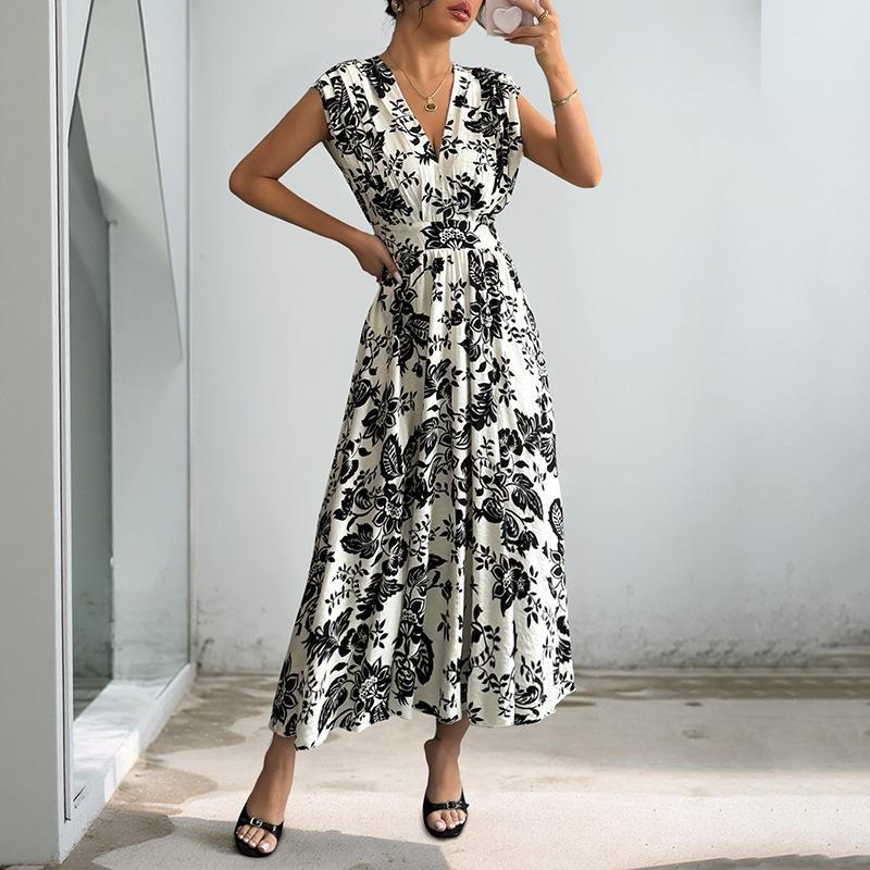 Women's White Black Floral Print V Neck Sleeveless Belted Waist Midi Dress