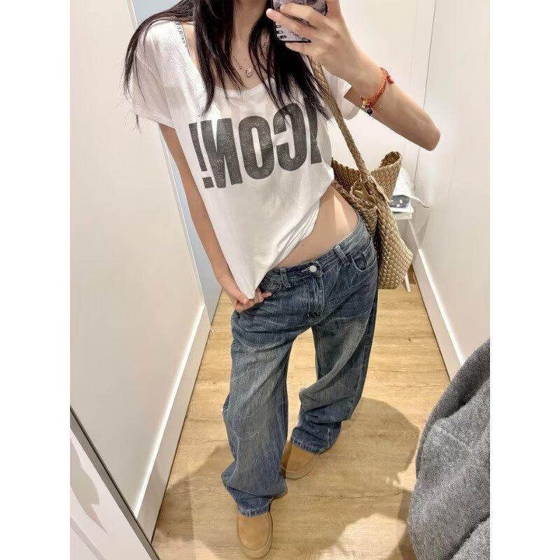 Retro American wide-leg jeans women's autumn new high-waisted and thin small loose straight pants