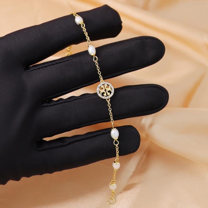 Double T Logo Pavé Pearls Bracelet - Brass, Gold Plated, Light Luxury