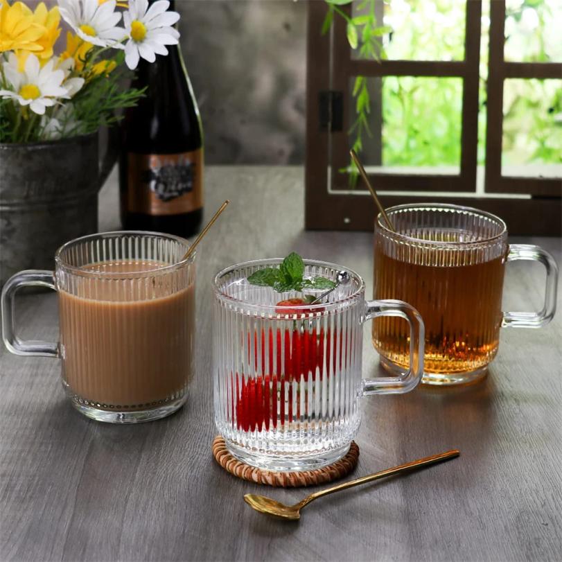1 Taza de Café de Vidrio con Asa 12oz Rayas Verticales Taza de Té para Bebidas Calientes/Frías, Americano, Latte, Cappuccino Vajilla