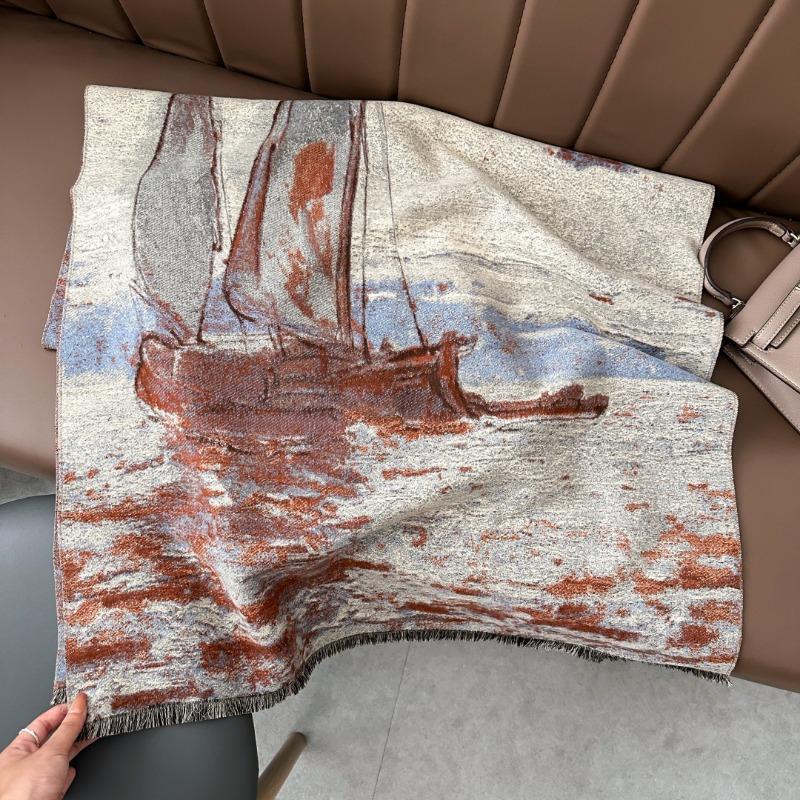 Autumn and winter warm thickened four shuttle imitation cashmere scarf winter shawl scarf women's oil painting sailing shawl