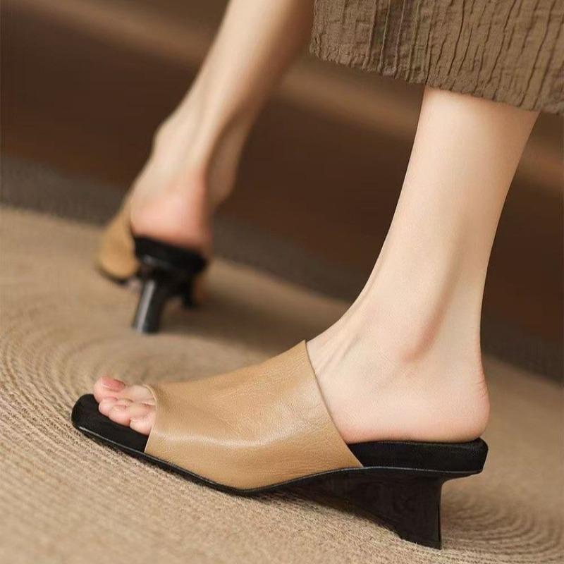 Women Soft Leather Sandals Slippers Summer Square Toe Open Toe Flip Flops Special Shaped Wedge Heels Shoes