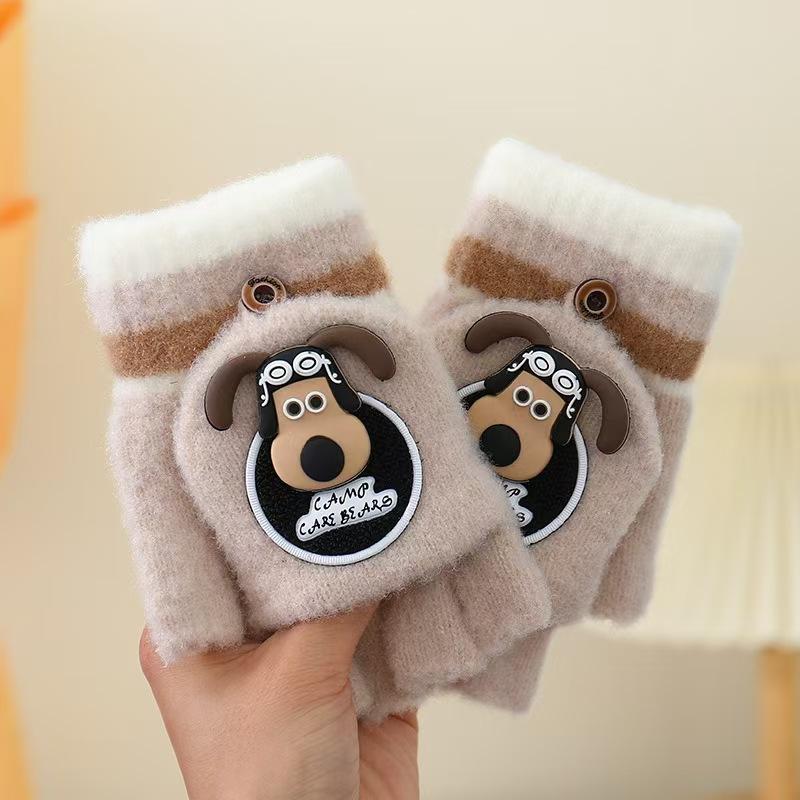 Children's gloves new autumn and winter baby cute warm thickened five-finger flip writing primary school students half-finger gloves