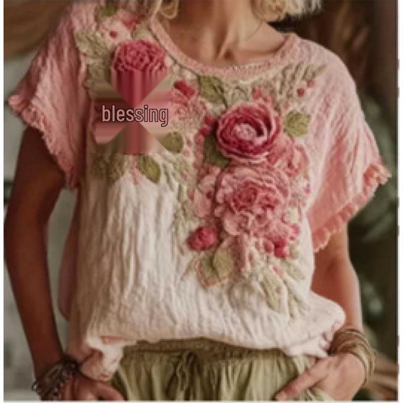 Women's 3D Print Drop Shoulder Jacquard Top - Summer Casual Loose Fit Short Sleeve