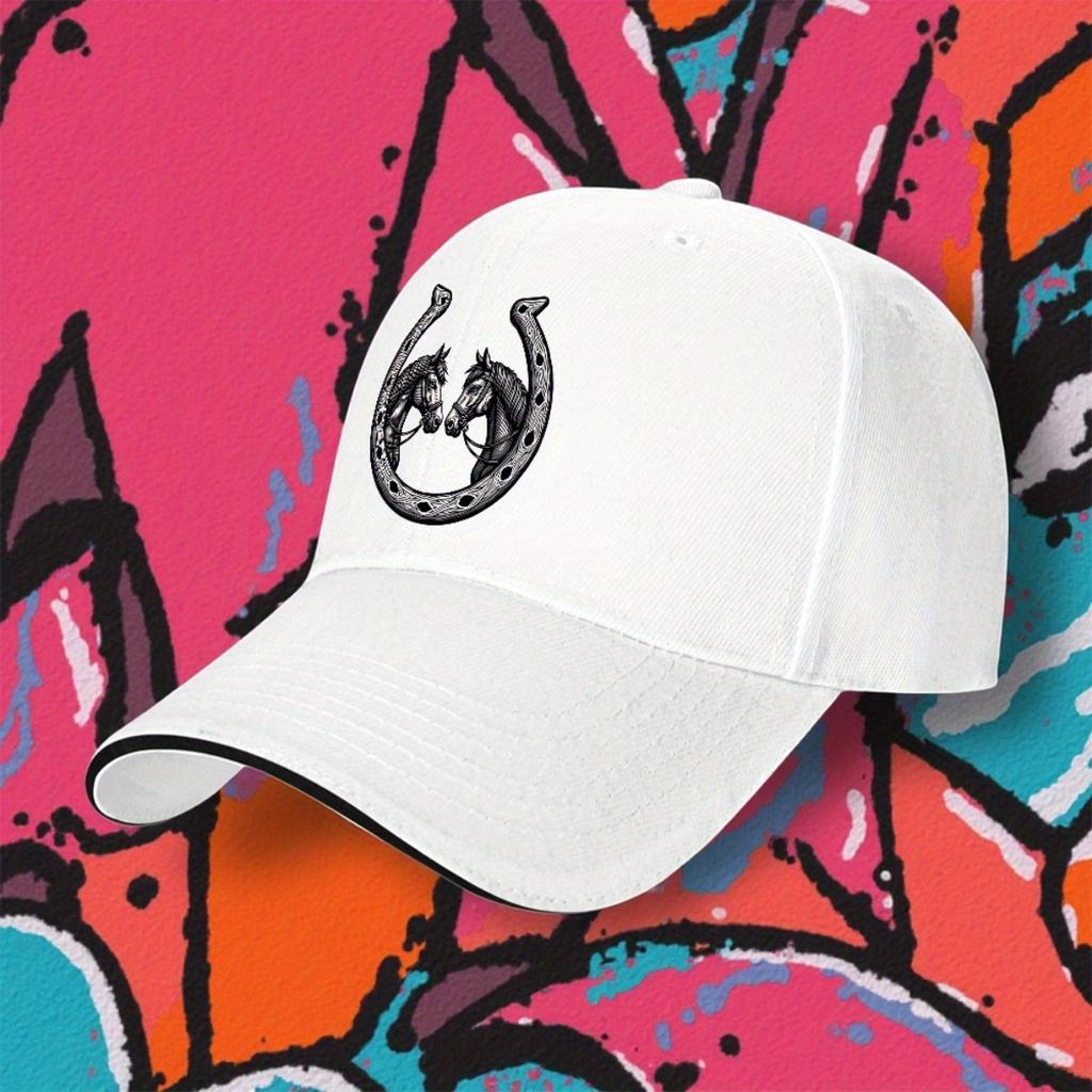Ladies Stylish Black Baseball Cap with Horse and Horseshoe Icons Adjustable Lightweight Polyester Cap with Airy Design for