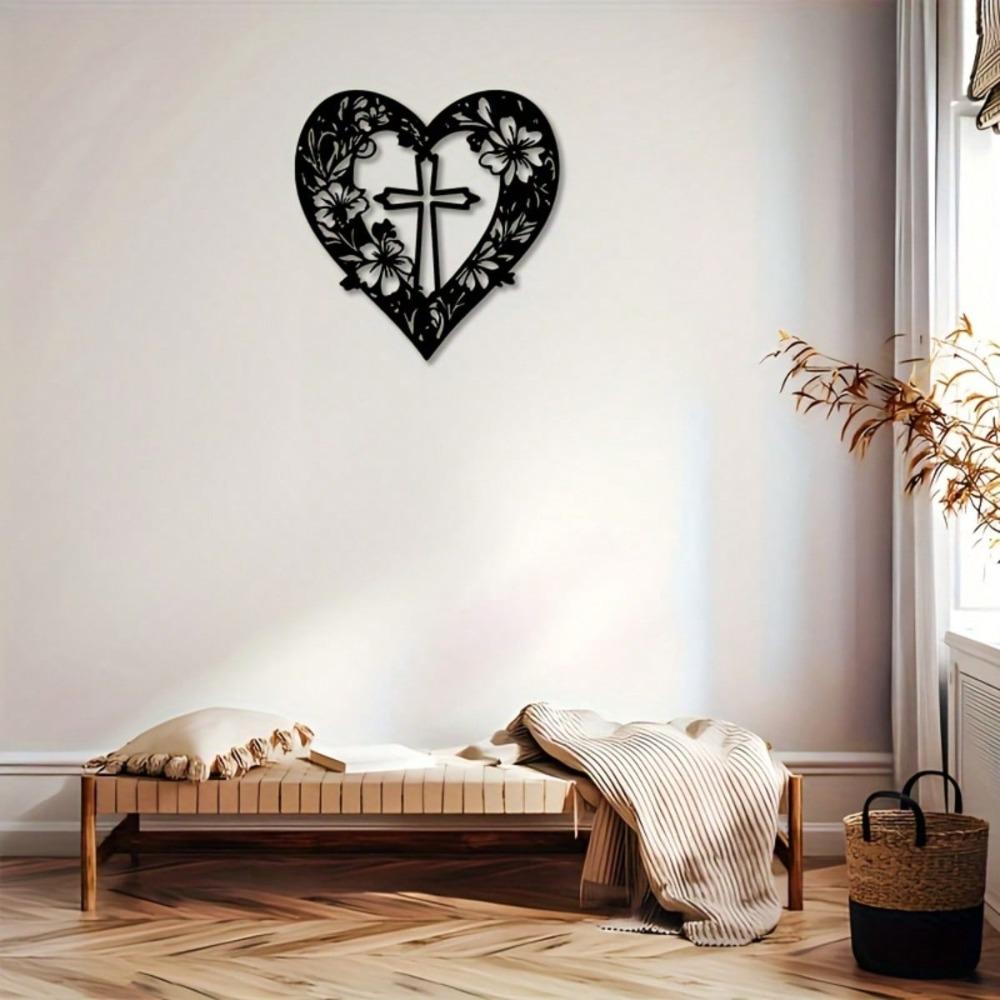 Black Metal Wall Art with a Heart, Central Cross and Floral Patterns. A Meaningful Gift for Easter. Perfect for Living Room Decor, Adding Faith.