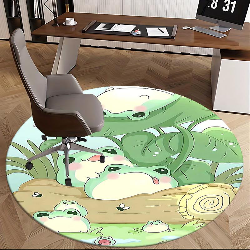 1 Stück Süße Froschfamilie Runder Teppich Anime-Design Bürostuhlmatte, Rutschfester Teppich für Heimdekoration