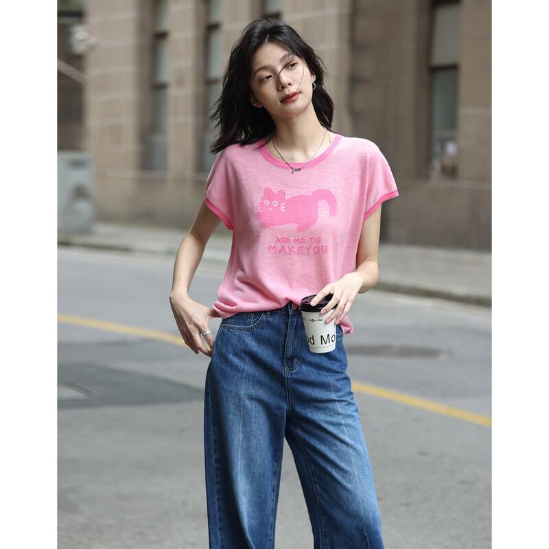 Demana Women s Cat Motif Knitted Short-Sleeve T-Shirt S