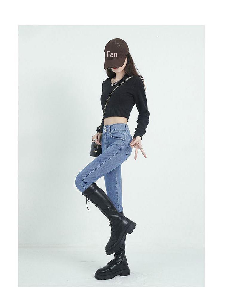 Women's Thickened High-Waisted Skinny Jeans, Double Button, Plus Velvet, Korean Style, Warm Stretchy Slim Fit Pencil Pants for Autumn/Winter