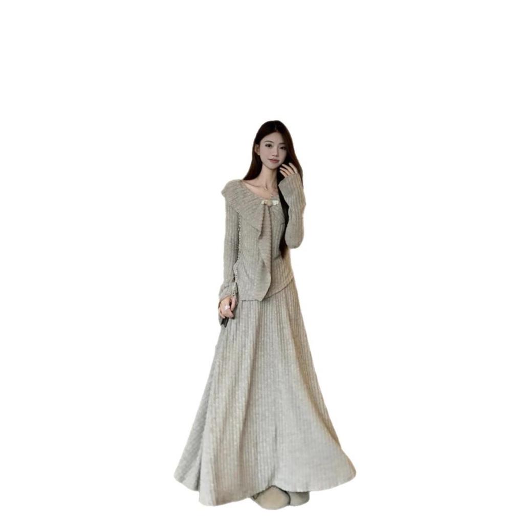 French-Inspired Knit Top & High-Waisted Skirt Set for Women - Slim Fit, Spring/Autumn Collection
