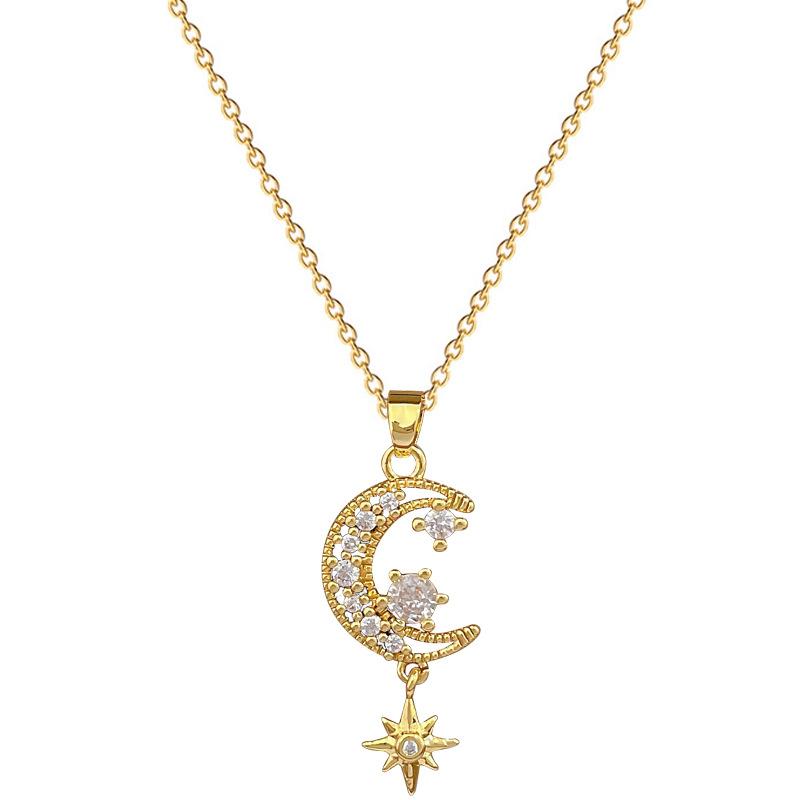 Titanium Steel Moon Tassel Star Light Luxury Temperament Gorgeous Full Diamond Necklace Female Versatile Collarbone Chain Titanium Steel Chain