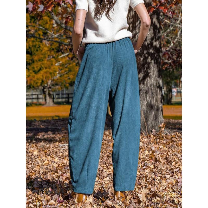 Womens Winter Corduroy Harem Pants Loose Wide Leg Casual Slimming Trousers Mid-Waist 9/10 Length With Drawstring Pocket